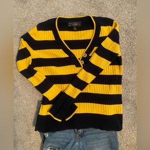 Ralph Lauren navy blue yellow stripe sweater shirt gold button v neck size M